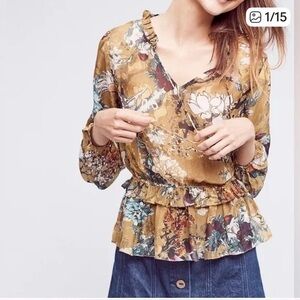 Hemant & Nandita Women’s floral and bird print silk peplum blouse Size S